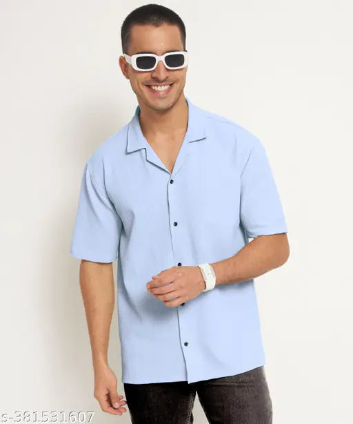 SPITONZY CREATION Men's Solid Spread Collar Aqua Blue Shirts