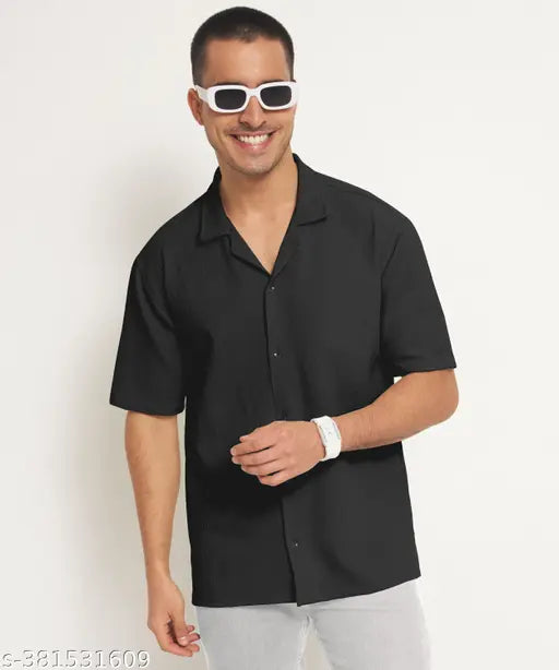 SPITONZY CREATION Men's Solid Spread Collar Black Shirts